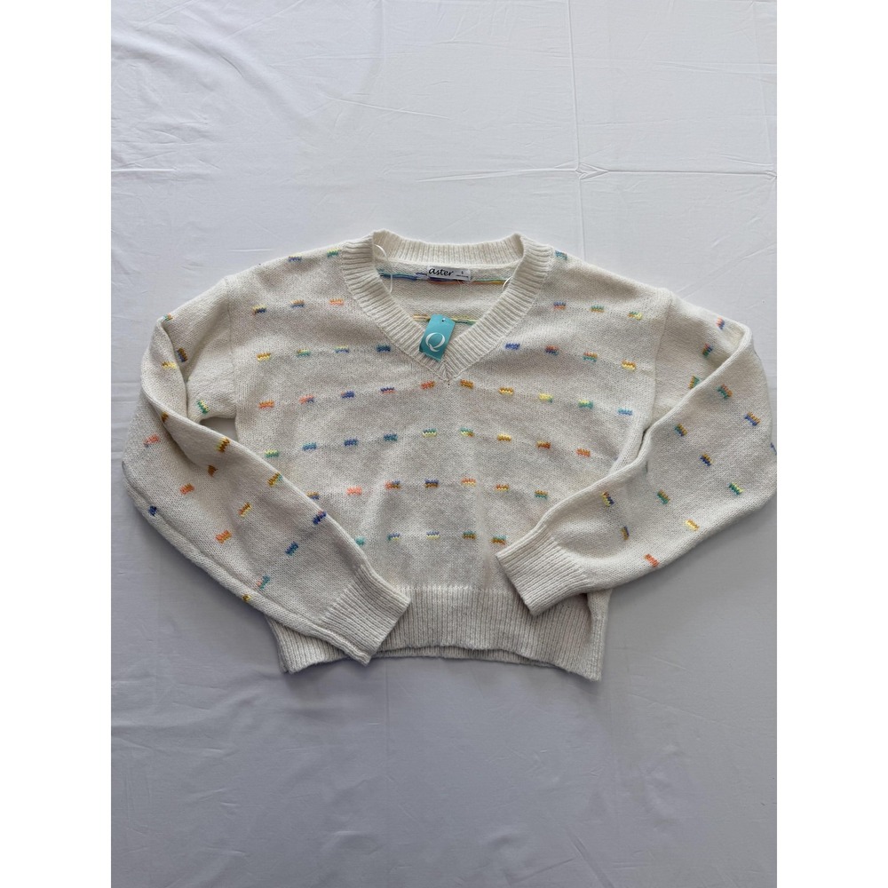 Aster Sweater Womens Small White Rainbow Geometric V Neck Knit‎ Pullover Top